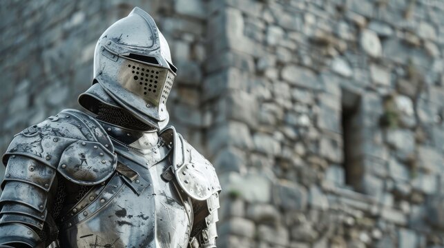 A man in a majestic suit of armor stands proudly in front of a medieval castle