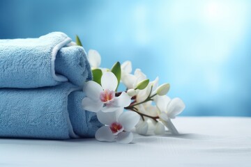 Fototapeta na wymiar Spa concept - stacked soft blue towels with orchid flowers