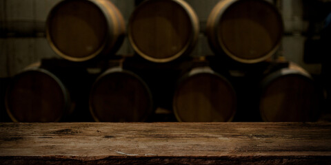 background of barrel and worn old table of wood. High quality photo