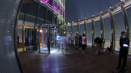 At The Top - Observation Deck of Burj Khalifa at night. Dubai, United Arab Emirates timelapse