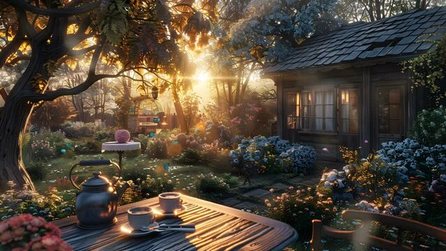 Quaint wooden cottage surrounded by lush garden creates idyllic countryside escape. Seamless Looping 4k Video Animation