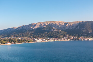 Panoramic view of majestic coastline of Mediterranean Adriatic Sea in coastal town Baska, Krk Island, Primorje-Gorski Kotar, Croatia, Europe. Aerial vistas from idyllic hiking trail in summer