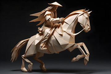 Obraz na płótnie Canvas Paperstyle origami mna riding a horse, paperstyle indian riding a horse made with origami, paper man riding paper horse