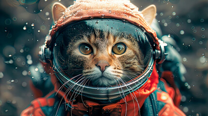 Cat the astronaut funny animal, Brave cat astronaut at the spacewalk, an endearing illustration of a courageous cat - obrazy, fototapety, plakaty