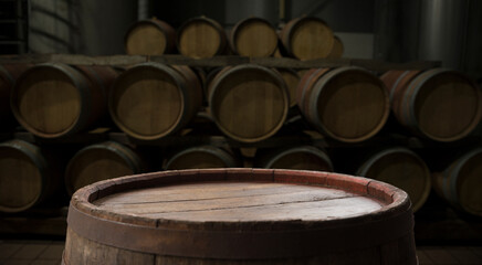 Fototapeta premium background of barrel and worn old table of wood. High quality photo