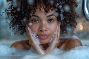 Ethnic woman performs facial cleansing routine, enhancing natural beauty - Powered by Adobe