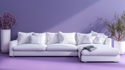 A pristine white couch positioned elegantly in front of a captivating purple wall