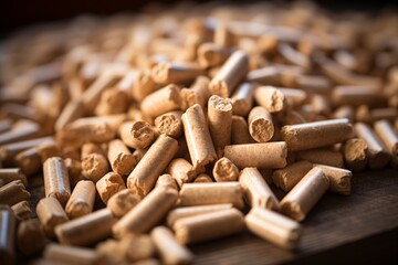Close-up of compressed natural wood pellets for use as an environmentally friendly renewable organic biofuel or pet litter. - obrazy, fototapety, plakaty