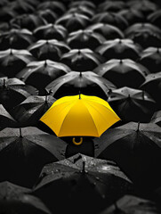 Gray gloomy dark day, rainy weather, everything is black and depressing, the only bright spot is a yellow umbrella, a color in the darkness.