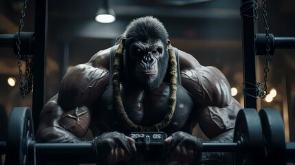 Gorilla Working Out in Gym with Heavy Weights

 - obrazy, fototapety, plakaty