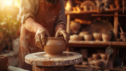 A man is crafting tableware on a pottery wheel, creating dishes for food and drinks. AIG41