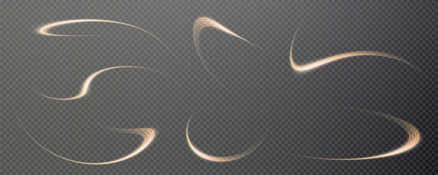 Vector png background with gold glowing lines. Gold glowing lines of speed. Light glow effect. Light trail wave, fire trail line and glow curve swirl.	
