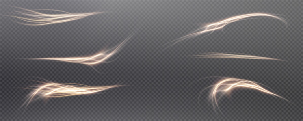 Vector png background with gold glowing lines. Gold glowing lines of speed. Light glow effect. Light trail wave, fire trail line and glow curve swirl. - obrazy, fototapety, plakaty