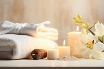 Fototapeta na wymiar Spa concept with a soft towel, candles and flowers