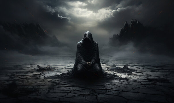 Darkness envelops a figure lost and defeated