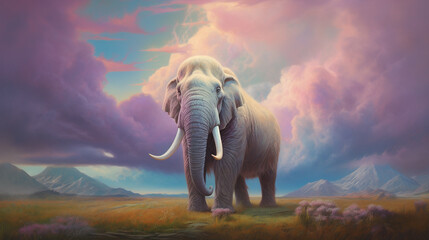 Soft pastel clouds form a fantastical backdrop for a majestic mammoth evoking a serene - obrazy, fototapety, plakaty