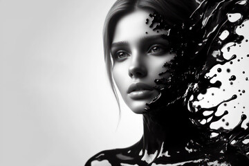 Closeup portrait of girl dissolve emerge form from dark black molten liquid paint. ai generative