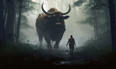A cow cunning and fierce facing to a human in the forest - obrazy, fototapety, plakaty