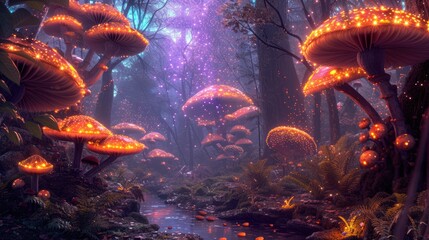 An ethereal scene of an enchanted forest illuminated by the soft glow of mystical, oversized mushrooms along a serene stream. Resplendent.