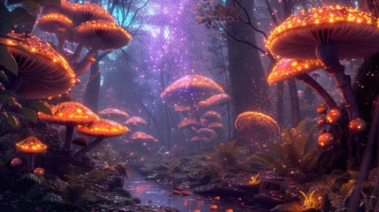 Foto op Canvas An ethereal scene of an enchanted forest illuminated by the soft glow of mystical, oversized mushrooms along a serene stream. Resplendent. © Summit Art Creations