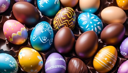 Fototapeta na wymiar Multitude of decorated chocolate easter eggs on brown background