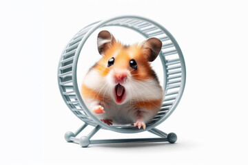 Shocked Little hamster runs in a big wheel isolated on a white background. ai generative