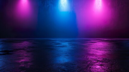 Empty background scene. Dark street, a reflection of blue and pink neon light on wet pavement. Rays...
