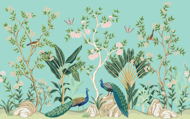 Vintage botanical garden floral tree, palm tree, peacock, birds, butterfly, plant, flower seamless border blue background. Exotic chinoiserie mural. - 756710144