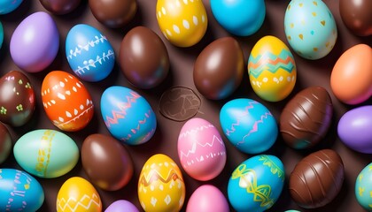 Fototapeta na wymiar Multitude of decorated chocolate easter eggs on brown chocolate background