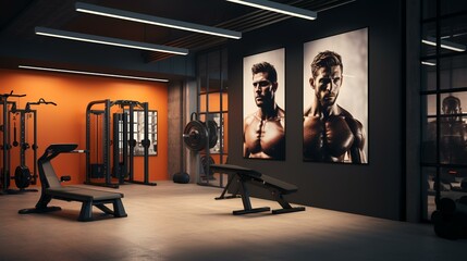 Contemporary Fitness Hub: Modern Gym with Poster on the Wall - 3D Rendering