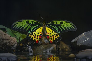 A vibrant Queen Alexandras birdwing butterfly rests on top of a rock in a natural setting.