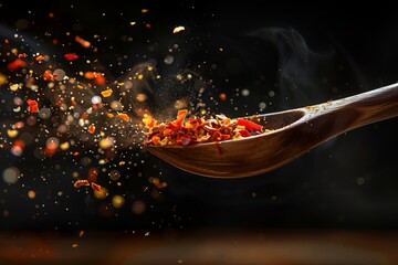Hot Organic Red Pepper on a wooden spoon. Fresh and spicy red pepper with powder on a brown wooden spoon inside a studio with black background. - obrazy, fototapety, plakaty