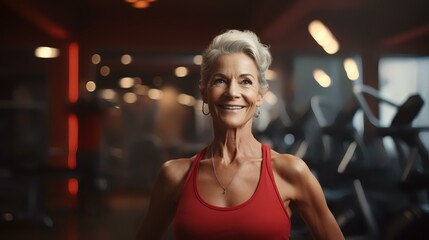 Fototapeta na wymiar Joyful Senior: Portrait of Happy Senior Woman in Gym - Generative Art