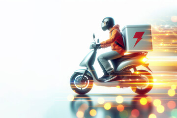 Electric delivery man on motorcycle on solid white background. ai generative