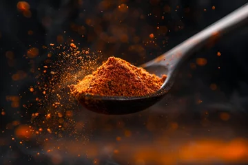 Fotobehang Hot Organic Red Pepper on a wooden spoon. Fresh and spicy red pepper with powder on a brown wooden spoon inside a studio with black background. © Noize