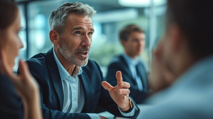 A senior manager gestures emphatically while explaining a new business concept during a team meeting in a modern office. AIG41 - obrazy, fototapety, plakaty