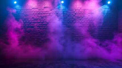 Abstract blue and purple brick wall background with neon laser beams, spotlights, and smoke in a dark studio room for product display