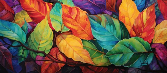 A vibrant painting depicting a flowering plant with colorful leaves on a tree branch. The magenta and electric blue petals create a beautiful pattern, resembling natures artwork