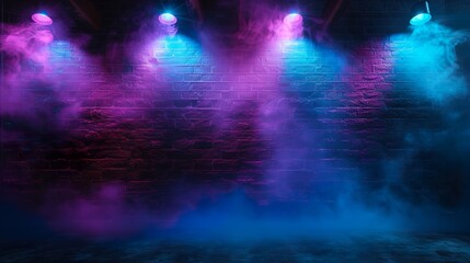 Fototapeta na wymiar Abstract blue and purple brick wall background with neon laser beams, spotlights, and smoke in a dark studio room for product display