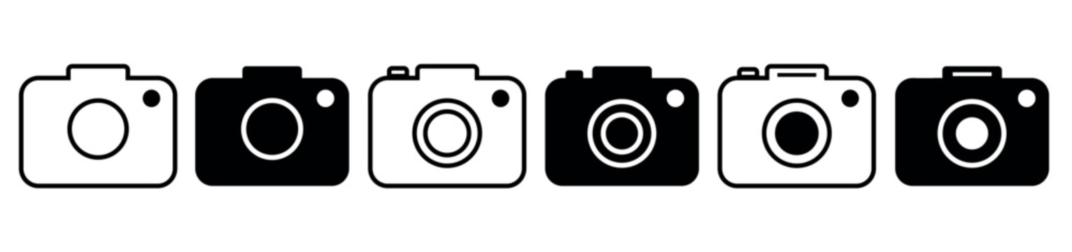 a set of icons in the style of a line art camera. black camera, transparent in the style of lines, a set of photo icons, applications, editors