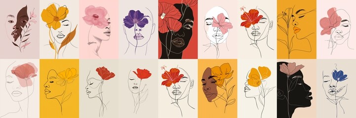 Set of female doodles and flowers. Diversity and positive emotions such as: Amazement. Awe. Optimism. Playfulness. Tenderness. Sweetness. Radiance. Fulfillment. Tranquility. Reassurance. Patience