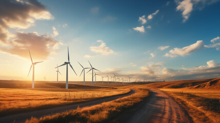 Obraz premium Wind turbines farm agaist the colorful sky at sunset.
