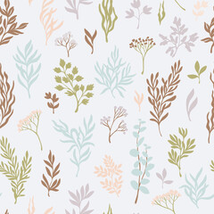 Seamless botanical pattern with elegant leaves in pastel colors