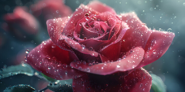 Close up of tenderness pink rose, red rose, rose with dew drops, Roses with drops of water, Red roses. Bouquet of red roses. Valentines Day, wedding day background, Generative Ai