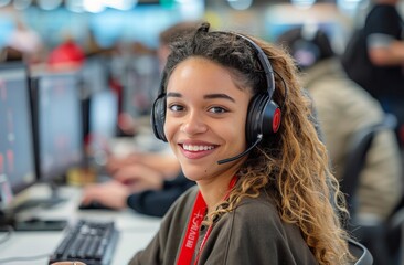 Smiling Woman Wearing Headset in Call Center