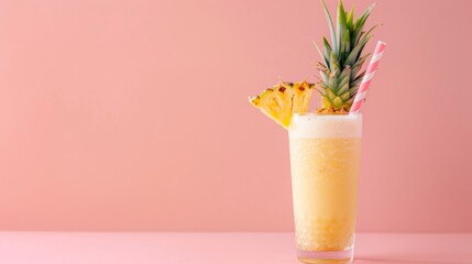 A pineapple drink in a tall glass against a vibrant pink background, exuding freshness and tropical vibes