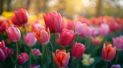 tulip, Flower beds in spring under a clear sky, tulips an Gros plan, Tulips roses sur le champ, Gros plan, Generative Ai