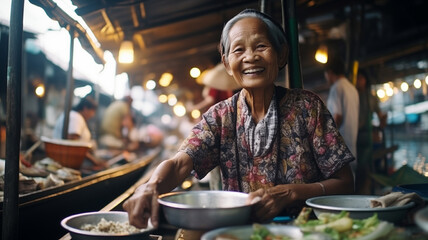Naklejka premium Beautiful aged Thailand woman in boat sincerely smiling at camera on river water floating market. She offers fruits and vegetables to locals and tourists. Local small business and traveling concept.