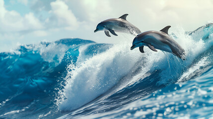 Bottlenose dolphins (Tursiops truncatus) leaping out of sea Jumping Bottlenosed Dolphins Common Dolphins leaping, Generative Ai - obrazy, fototapety, plakaty