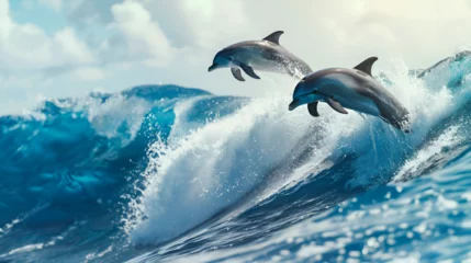 Foto op Plexiglas Bottlenose dolphins (Tursiops truncatus) leaping out of sea Jumping Bottlenosed Dolphins Common Dolphins leaping, Generative Ai © shehzad
